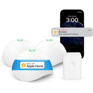 Meross Smart Water Sensor Alarm 3 Pack, WiFi Water Leak Detector Support Apple HomeKit, SmartThings, IP67 Waterproof with App Alerts, Alarm, 100M Range for Home Basement Kitchen (Meross Hub Included)(3 Sensor+Hub Kit)