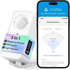 meross Matter Human Presence Sensor, 3-in-1 mmWave Radar & PIR & Light Motion Sensor, AI Motion Detector for Smart Home Automation and Security, Supports HomeKit, Alexa, Google Home, 2.4GHz Wi-Fi(US)
