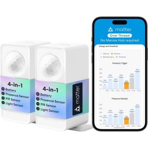 meross Matter Presence Sensor MS605, Battery-Powered 4-in-1 Smart Motion Sensor with AI Learning, IP67 PIR & Light & mmWave Radar, Matter Over Thread, Supports Home Assistant, HomeKit, Alexa (2 Pack)