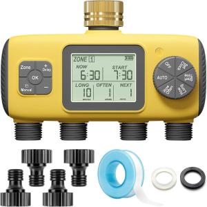 meross 4 Zone Sprinkler Timer with Brass Inlet, Water Timer for Garden Hose, Hose Valve for Watering with Rain Dealy & Manual Watering for Outdoor Drip Irrigation, Lawn, Yard