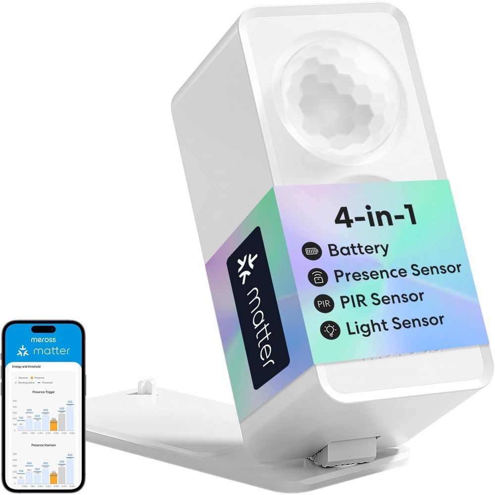 image:imagemeross Presence Sensor Matter Over Thread BatteryPowered 4in1 Motion Sensor with AI Learning Home Automation IP67 PIR amp Light amp mmWave Radar Supports Home Assistant Apple HomeKit Alexa Google